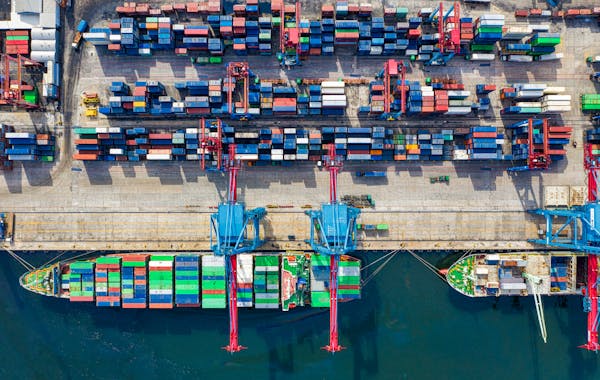 Aerial view of freight containers at port